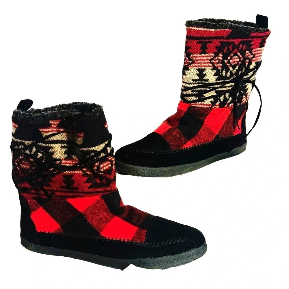 Steve Madden Girl Aztec Suede Moc Boots Womens size 8.5 Buffalo Check Southwest